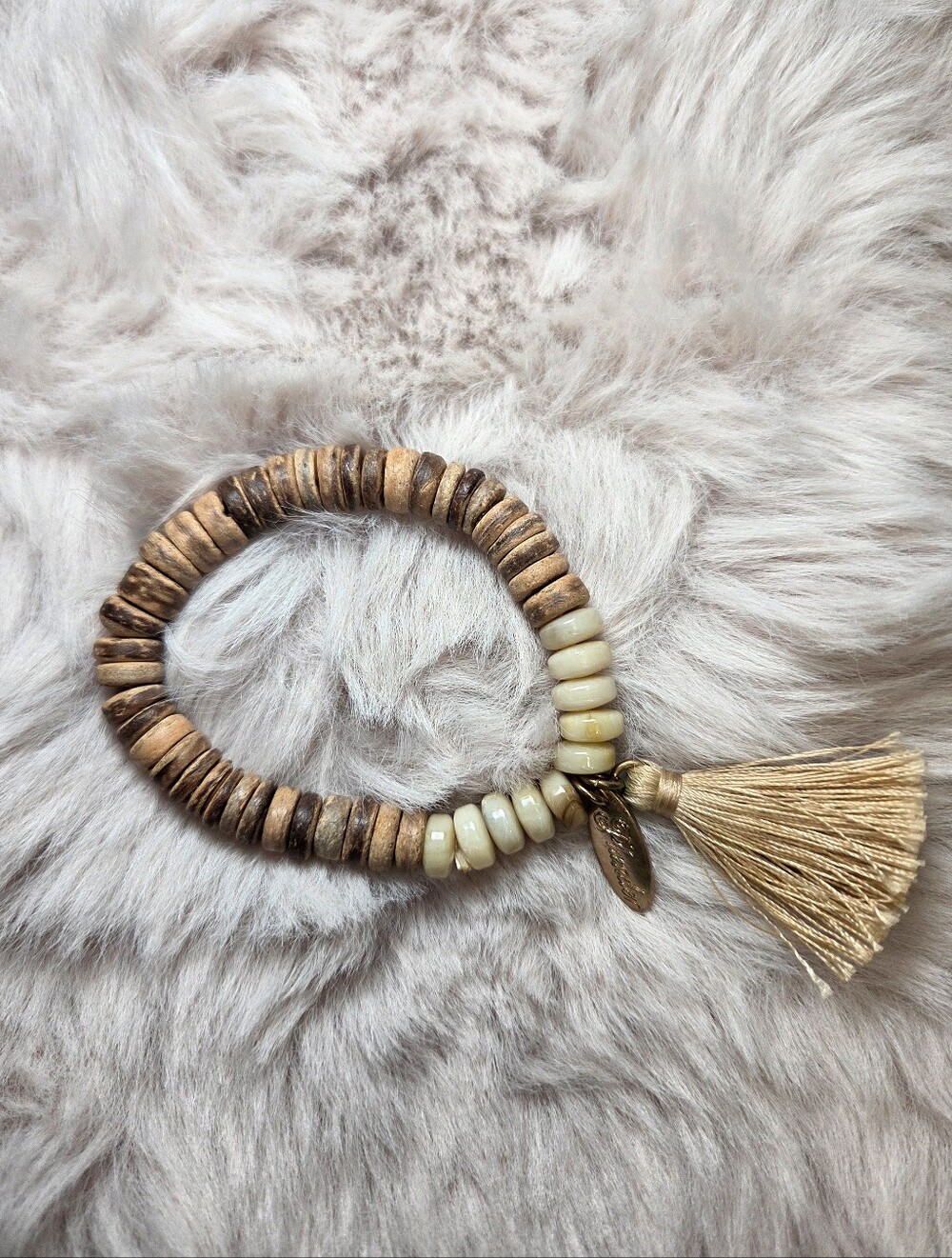 Plunder Natural Wood and Cream Boho Tassel Bracelet